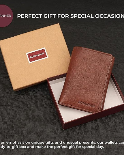 BOTANNER Genuine Leather Trifold Wallet Men RFID Blocking 8 Credit Card Slots 1 Section for Bills 3 Hidden Pockets | Choco