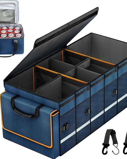 Car Trunk Organizer and Storage with Removable Leakproof Cooler Bag, 6 Removable Dividers for Custom Space, Collapsible Trunk Storage with Non Slip Bottom, Foldable Cover for SUV, Jeep, MPVs