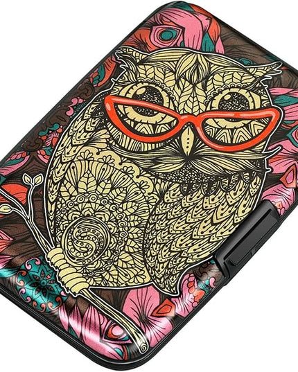 ELFISH Mini RFID Aluminum Wallet Credit Cards Holder Business Card Case Metal ID Case for Men Women(Cute Owl)