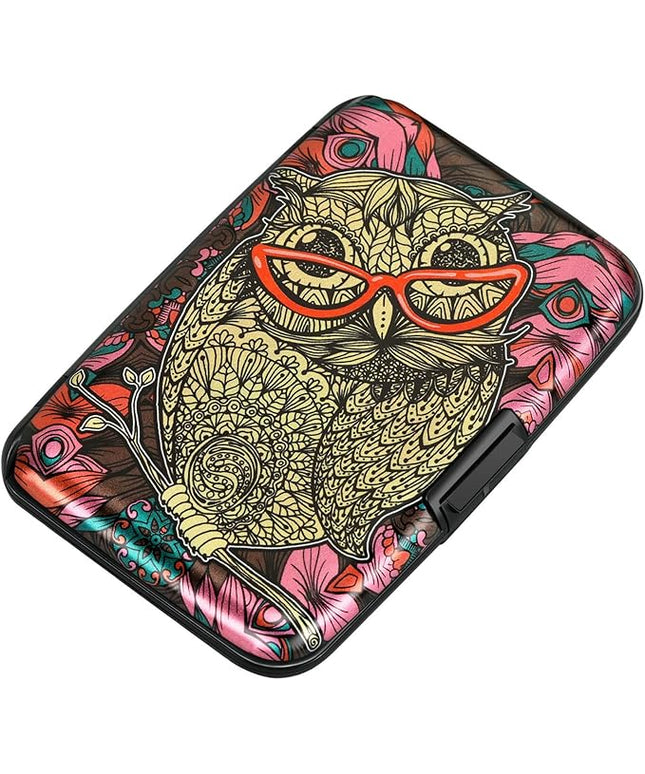 ELFISH Mini RFID Aluminum Wallet Credit Cards Holder Business Card Case Metal ID Case for Men Women(Cute Owl)