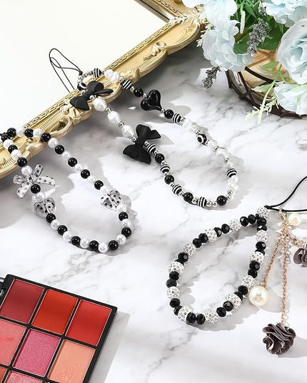 Ecally 3 Pcs Phone Charms Strap Camera Charm Strap Pearl Beaded Butterfly Bow Flower Cute Phone Wrist Lanyard Bracelet for Camera Keychain Wallet Decor Christmas New Year Gifts