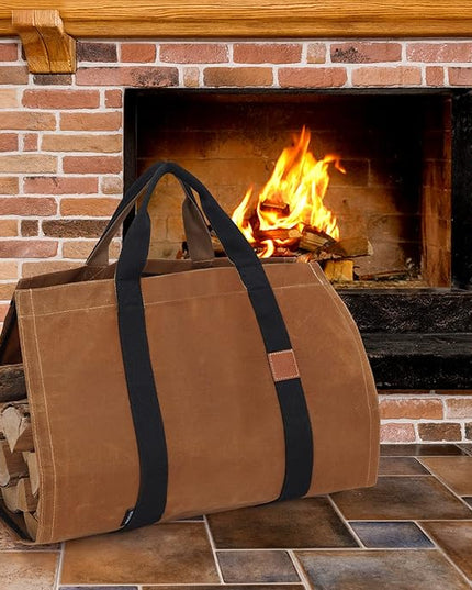 INNO STAGE Firewood Log Carrier Tote Bag with Super Strong Double Straps for Reinforce, 16oz Waxed Canvas Heavy Duty & Long Lasting for Wood Hay Hauling for Fireplace or Outdoor Camping-Rust Color