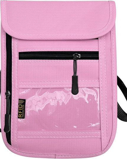 RFID Blocking Travel Neck Wallet Pouch and Passport Holder, Travel Neck Pouch Passport Holder for Women & Men - Pink