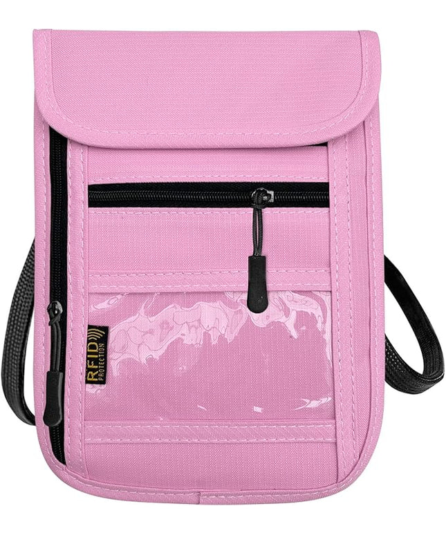 RFID Blocking Travel Neck Wallet Pouch and Passport Holder, Travel Neck Pouch Passport Holder for Women & Men - Pink