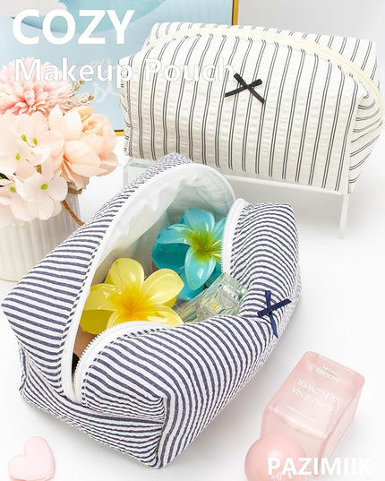 PAZIMIIK 6PCS Cozy Makeup Bag Small Aesthetic Travel Zipper Cosmetic Pouch for Women Make Up Beauty Accessories Brushes, Stripe Navy Blue