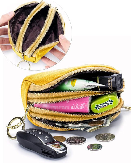 LINNO 3 Zippered Genuine Leather Coin Purse Triple Capacity Change Pouch Little Travel Wallet With Key Ring for Women