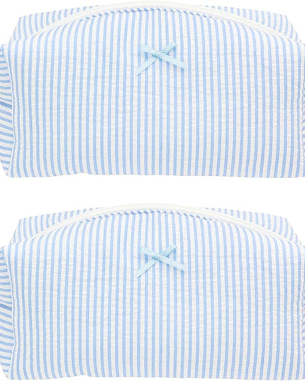 PAZIMIIK 2PCS Cozy Makeup Bag Travel Cosmetic Bag for Women Soft Toiletry Bag Aesthetic Makeup Organizer Portable Large Zipper Pouch for Skincare Beauty Accessories Brushes Stripe Blue