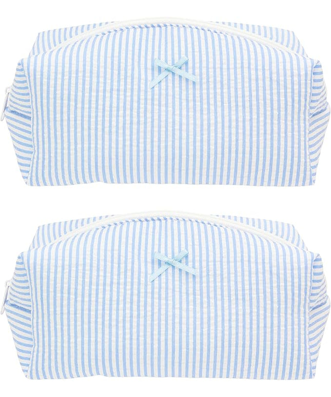 PAZIMIIK 2PCS Cozy Makeup Bag Travel Cosmetic Bag for Women Soft Toiletry Bag Aesthetic Makeup Organizer Portable Large Zipper Pouch for Skincare Beauty Accessories Brushes Stripe Blue