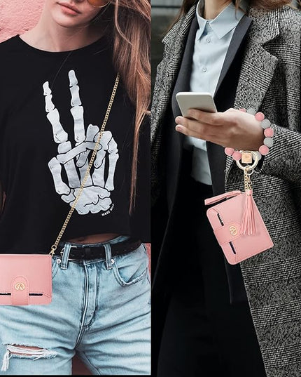 Multi-Purpose Wallet High Capacity Card Holder Zipper Coin Purse with Wristlet Bracelet Keychain Silicone Beaded Bangle Key Ring