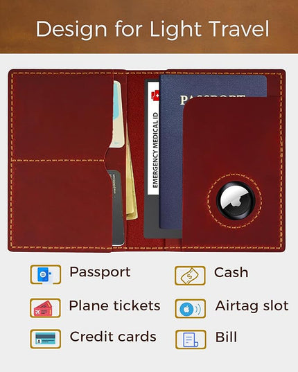 Passport Holder for Travel, Genuine Leather Passport Holder with Airtag, Rfid Passport Wallet Cover Case for Women Men, Travel Essentials Gift,Red