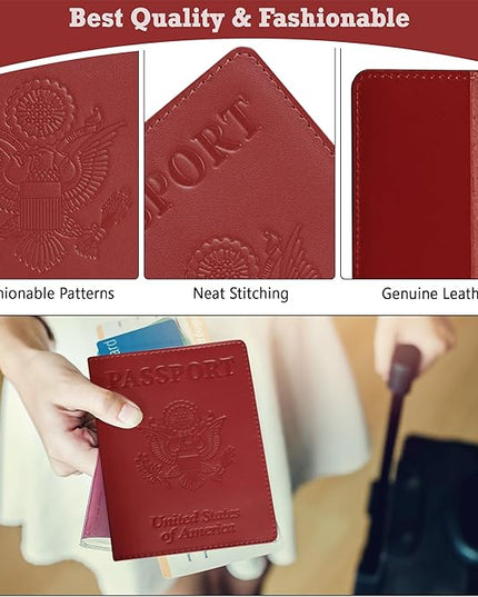 Shvigel US Leather Passport Book Cover - Thin American Travel Passport Holder - Premium International USA Passport Protector Case for Women Men (Red)