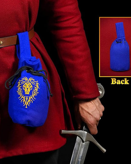Mythrojan Medieval Viking Woolen Belt Pouch Drawstring Coin Purse with Celtic Embroidery, Ideal for Ren Faire, LARP, Cosplay, Viking Events - Royal Blue