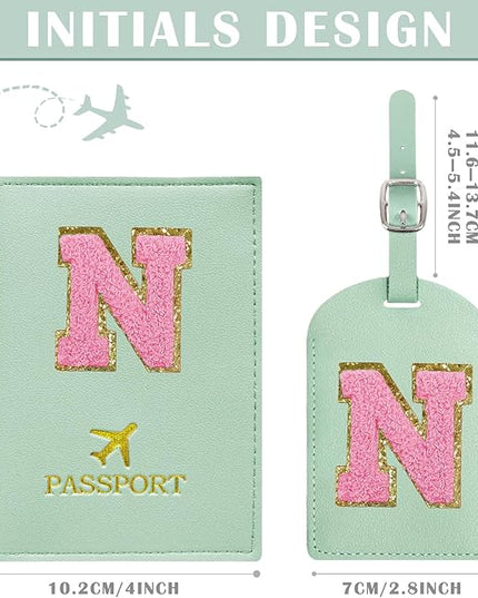 COSHAYSOO Initial Passport Cover Luggage Tag Set Letter Passport Holder Airplane Cruise Travel Essentials Vacation Traveling Accessories Personalized Gifts for Women Teen College Girls Teal N