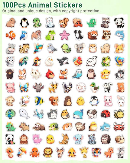 100 Pcs Chibi Cute Animal Stickers for Teens Adults Kids, Waterproof Vinyl Decal Pack for Water Bottle, Kawaii Cartoon Animal Sticker for Laptop,Luggage,Skateboard,Classroom Prizes,Party Decor