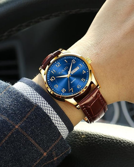 Men Dress Watch Waterproof Leather Watches for Men with Day Date Luxury Large Arabic Numerals Analog Quartz Classic Leather Watch Easy Read relojes para Hombres