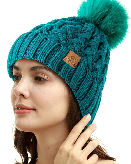 PAGE ONE Womens Winter Ribbed Beanie Crossed Cap Chunky Cable Knit Pompom Soft Warm Hat