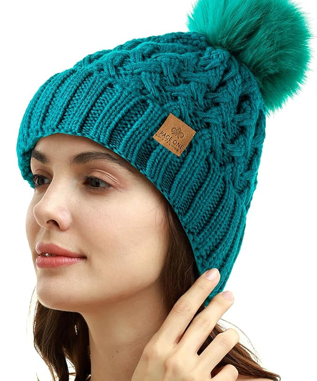 PAGE ONE Womens Winter Ribbed Beanie Crossed Cap Chunky Cable Knit Pompom Soft Warm Hat