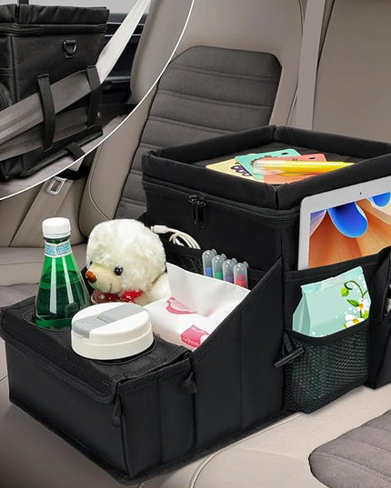 Car Seat Organizer, Backseat Car Organizer with Cup Holder Tray and Storages for Kids and Adults, Portable Travel Cooler for Car for Front or Back Seat Passenger Organizer Ccompartment (Black)