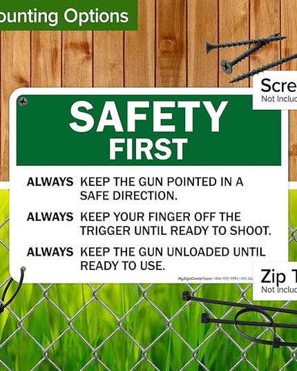 Safety First Always Keep The Gun Pointed In A Safe Direction Sign, 10x7 Inches, 55 mil thick HDPS (high density polystyrene), Made in USA by My Sign Center