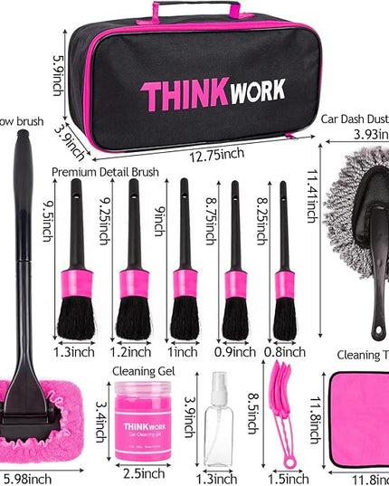 THINKWORK Pink Car Duster Interior Kit, Perfect Car Detailing Brush Kit for Cleaning Windows,Windshield,Dashboard and Air Vents Suitable for All Cars
