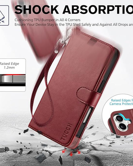 TUCCH Wallet Case for iPhone 16 with [Wrist Strap], Magnetic Closure RFID Blocking 4 Card Slot, Stand Shockproof TPU Shell PU Leather Folio Compatible with iPhone 16 2024, Dark Red with Wristlet