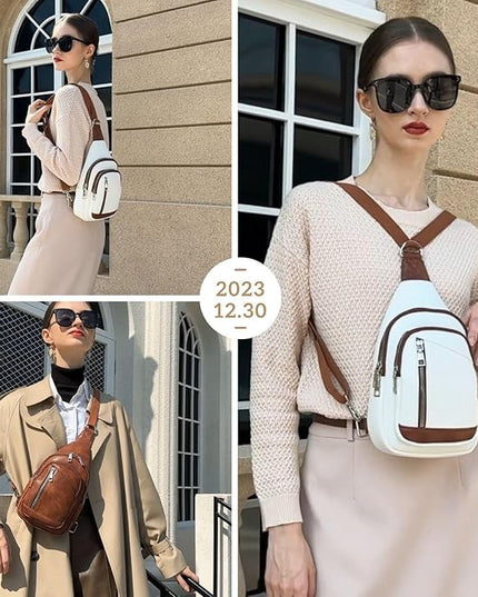 Sling Bag Crossbody Backpack - 2 in 1 Leather Cross Body Bag Fanny Pack with 2 Removable Straps