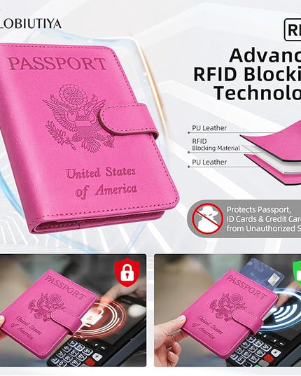 Passport Holder For Travel with Luggage Tag Cover – RFID Blocking Travel Passport Wallet Holder for Women/Family| PU Leather Passport Case with Extra Money Pocket/Magnetic Clasp, Pink