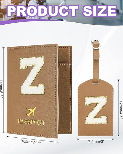 PATIKIL Passport Holder for Travel, Initial Passport Cover and Luggage Tag Set with Alphabet Chenille Letter Patch Travel Wallet Bag Suitcase Identifier for Women Family Travel Brown Z