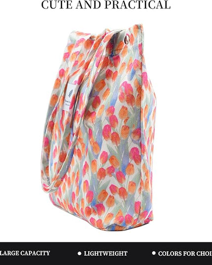 Corduroy Tote Bag Cute Tote Bags for Women Shoulder Bag with Inner Pocket for Work Beach Travel and Shopping Grocery