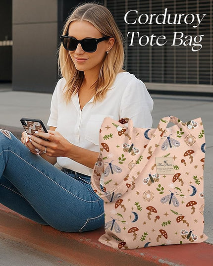 Corduroy Tote Bag for Women - Reusable Totes with Pocket & Buckle Cute Aesthetic Shoulder Bag for Work Travel