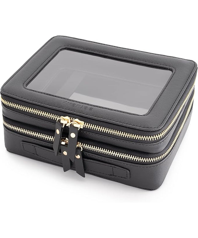 Aveniee Clear Makeup Bags,Double Layer Cosmetic Bags with Separate Brush Compartment,Large Travel Toiletry Bag Cosmetic Case,Travel Accessories Organizer for Women,2 Layers,Black