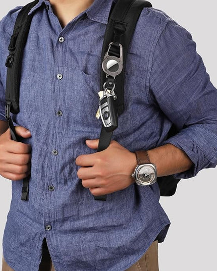 AirTag Holder Keychain - Premium Leather & Carbon Fiber Case with Secure Locking Carabiner | Compatible with Apple AirTag for Keys, Luggage, Backpacks, Bags (Gray)