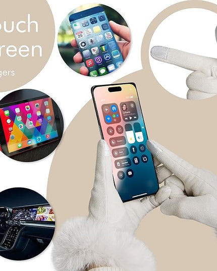 Vagasi Women Touch Screen Gloves, Fleece Lined Winter Gloves for Ladies, Thermal Suede Gloves Fur Cuff for Girls Gifts