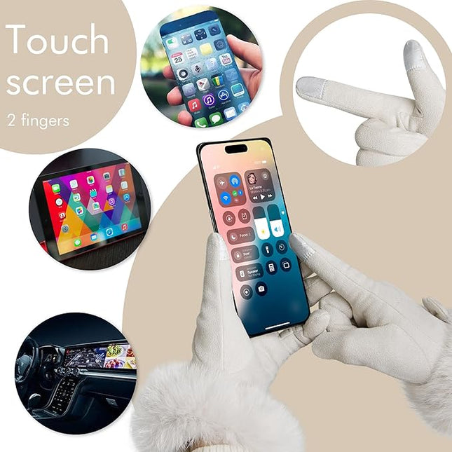 Vagasi Women Touch Screen Gloves, Fleece Lined Winter Gloves for Ladies, Thermal Suede Gloves Fur Cuff for Girls Gifts