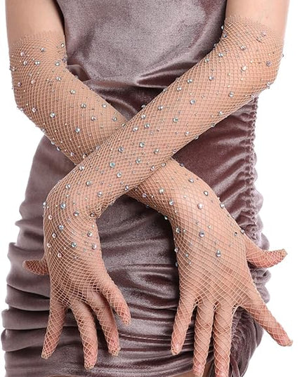 Women Rhinestone Fishnet Long Gloves Mesh Sparkly Glitter Fashion Opera Gloves For Party Halloween Costumes Accessories