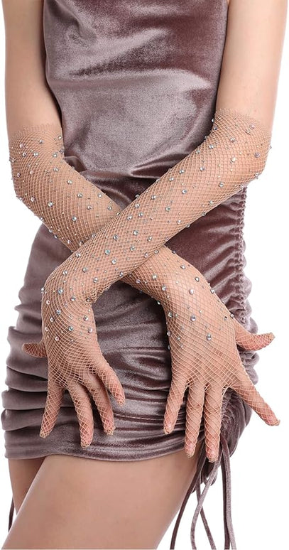 Women Rhinestone Fishnet Long Gloves Mesh Sparkly Glitter Fashion Opera Gloves For Party Halloween Costumes Accessories