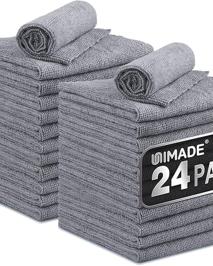 Microfiber Cleaning Cloth, 24 Pack Reusable Microfiber Towels for Cars Lint Free Cleaning Shop Towel Rags for Home Kitchen Automotive Bar Mechanic Restaurant Garage, 11"x 12", Grey