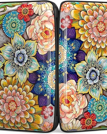 Atufsuat Credit Card Holder, Mini Aluminum Card Wallet RFID Blocking Slim Metal Hard Card Case for Women Men, Mandala Flower