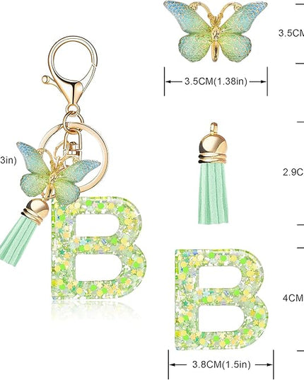 Fashion Alphabet Initial Letter Keychain Tassel Butterfly Pendant Key Ring for Purse Handbags Women Girl