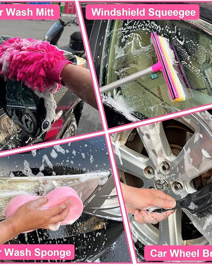 21Pcs Car Wash Kit,62" Car Wash Brush Mop with Long Handle,Car Cleaning Kit,Car Detailing Brush Set,Car Wash Bucket with Filter,Windshield Window Squeegee for Cars RV Truck Boat (Pink)