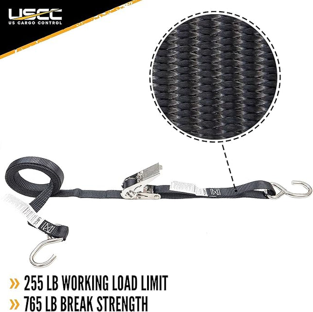 US Cargo Control Stainless Steel Ratchet Straps with S-Hooks (2-Pack), 1 Inch X 10 Foot, Black Tie Down Straps with Stainless Steel Thumb Ratchets, Utility Straps to Secure Cargo