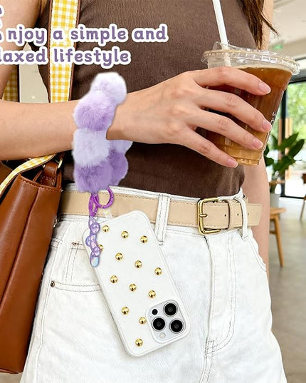 2 Pcs Phone Charm Wrist Strap with Tether Tab, Double Anti Lost Fluff Ball Beaded Wrist Lanyard, Detachable Leather Phone Charms for Bag, Key Chains, Camera Decor