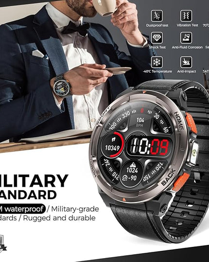 KE5 Military Smart Watch for Men with Flashlight SOS 3ATM Waterproof Watch 530mAh Big Battery 1.45" Rugged Tactical Smartwatch with Compass Elevation Barometer Fitness Watch for iPhone (Leather)