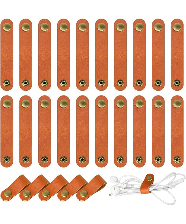 20 Pcs Leather Cord Organizer - Brown Leather Cord Ties for Charging Cords, Reusable Charging Cable Organizers