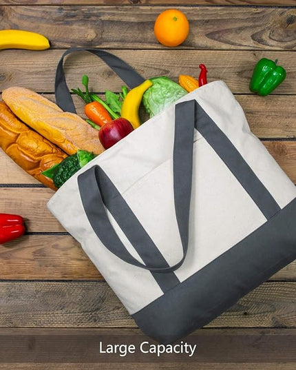 TOPDesign 6-Pack Canvas Tote Bags with an External Pocket, Reusable Grocery Shopping Bags, Top Zipper Closure, Daily Essentials (Grey/Natural)