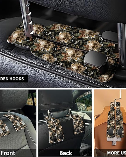 Car Seat Headrest Hook, Universal Leather Cute Hanger Holder Hook, Storage Organizer Interior Accessories for Purse Bags Handbag Cute Retro Flower Skulls