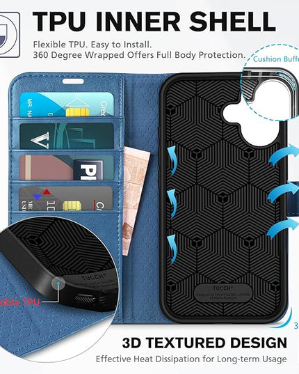 TUCCH Wallet Case for iPhone 16, Magnetic PU Leather Kickstand Flip Cover with 4 Card Slot Shockproof TPU Interior Shell, [RFID Blocking] Folio Case Compatible with iPhone 16 5G 2024, Light Blue