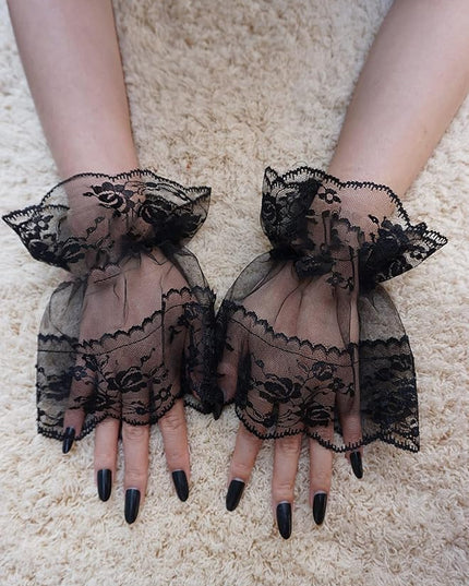 OYOANGLE Women's Floral Lace Bow Front Short Wrist Cuff Wedding Wrist Length Bridal Prom Gloves