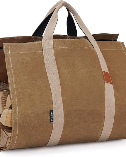 INNO STAGE Firewood Log Carrier Tote Bag with Super Strong Double Straps for Reinforce, 16oz Waxed Canvas Heavy Duty & Long Lasting for Wood Hay Hauling for Fireplace or Outdoor Camping-Khaki Color