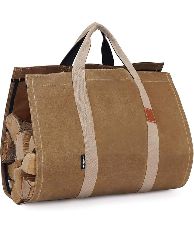 INNO STAGE Firewood Log Carrier Tote Bag with Super Strong Double Straps for Reinforce, 16oz Waxed Canvas Heavy Duty & Long Lasting for Wood Hay Hauling for Fireplace or Outdoor Camping-Khaki Color